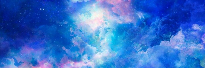 Clip art of fantasy background of colorful starry night sky and sea of clouds	(wide size)
