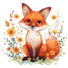 Fototapeta premium Fox with flowers. TShirt Sticker. Adorable illustration of a cute fox with flowers. AI generated