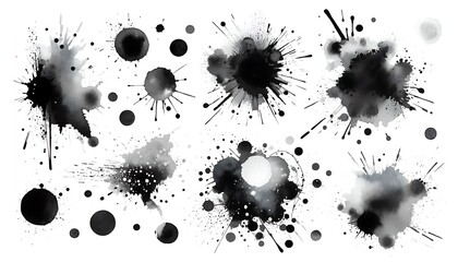 Set of black ink splatter and splash effects isolated on white background. Abstract paint blot collection for design and print