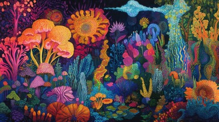 Fototapeta premium A Vibrant and Surreal Garden of Abstract Flowers and Plants