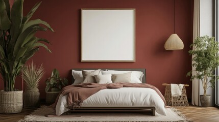 Mockup frame positioned on a deep red wall in a sleek bedroom interior, styled with cozy neutral tones and clean decor, perfect for 3D design renders.