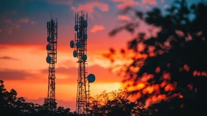 Fototapeta premium Telecommunication towers silhouetted against a colorful sunset sky.