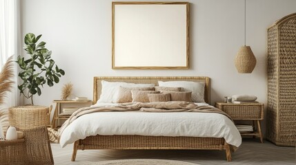 Modern bedroom with a mockup frame on a white wall, featuring natural rattan furniture and cozy decor, perfect for artwork or poster design mockups.