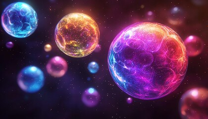 Fototapeta premium Glowing rainbowcolored bubbles floating in a dark space, playful glowtime, joyful and whimsical
