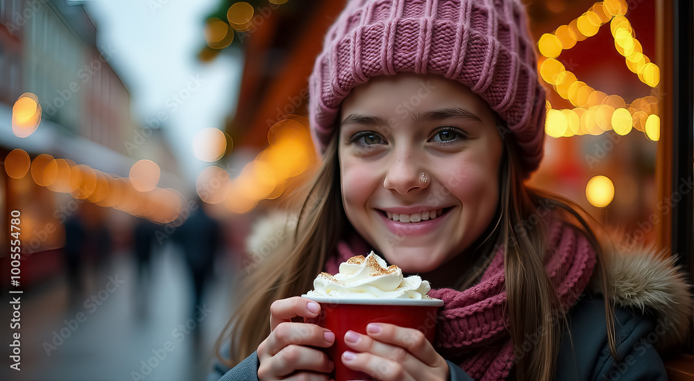 Sticker A young girl is smiling and holding a cup of hot chocolate