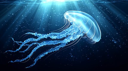 Fototapeta premium A glowing blue jellyfish swims in a dark blue ocean with beams of light shining down from above.