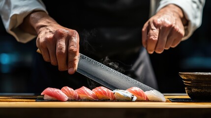 A skilled chef expertly slices fresh sushi with precision and care, showcasing culinary artistry in a vibrant kitchen setting.