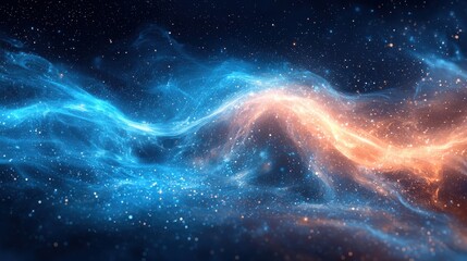 A stunning cosmic display of swirling blue and orange nebulae illuminated by distant stars in the depths of space