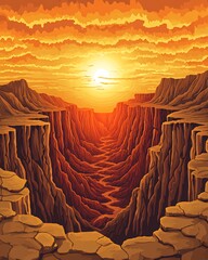 A fiery sunset casts a warm glow over a deep canyon, the sun shining in the distance.