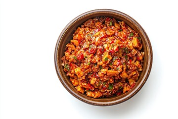 Bowl with fresh homemade Indonesian sambal tempeh goreng close up isolated on white background .generative ai