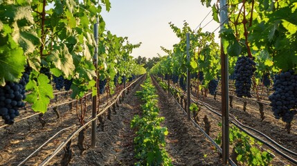 A sustainable vineyard with organic grape cultivation, solar-powered operations, and natural pest management methods