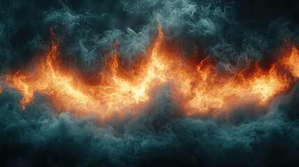 Fototapeta premium Dynamic flames dance through a swirling, dark cloud of smoke, creating a mesmerizing display of fiery colors and movement