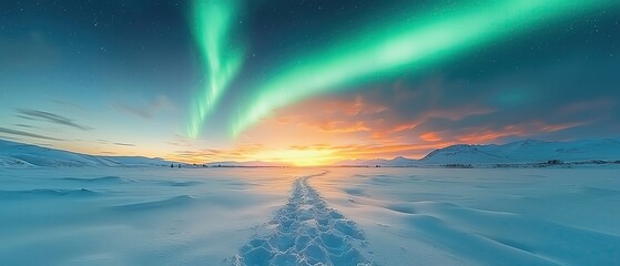 Glowing aurora borealis over a snowy landscape, capturing the magic of the northern lights, winter glowtime, breathtaking and ethereal