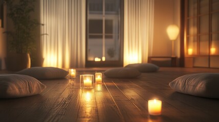 Tranquil meditation space with candles and cushions creating a calm atmosphere.