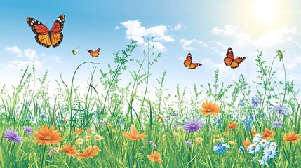 A field of wildflowers with butterflies flying in the blue sky.