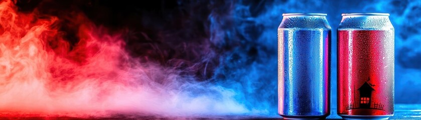 Colorful soda cans with smoke, vibrant red and blue colors, dramatic lighting.