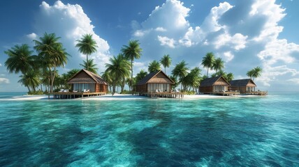 Obraz premium Tropical island with overwater bungalows surrounded by clear turquoise water.