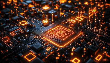 Obraz premium Glowing circuit patterns on a dark background, symbolizing technology and innovation, tech glowtime, sleek and modern