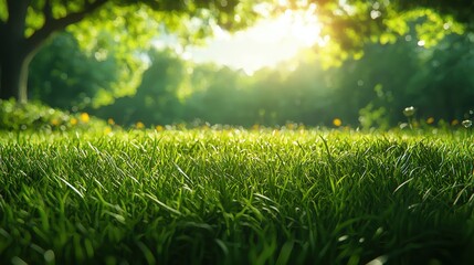 Naklejka premium Sunlight glimmers on dew-covered grass in a serene park during early morning hours, creating a peaceful atmosphere