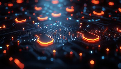 Fototapeta premium Glowing circuit patterns on a dark background, symbolizing technology and innovation, tech glowtime, sleek and modern