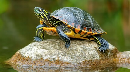 Fototapeta premium Turtle resting on a rock near calm water, colorful shell and serene environment