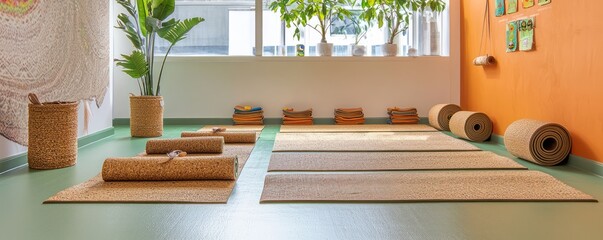 A sustainable yoga studio with mats and props made from natural materials, offering classes in a room painted with VOC-free paints