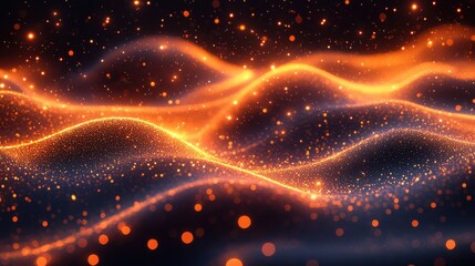 Abstract glowing waves with orange and golden particles flowing dynamically in a dark setting