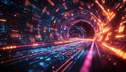 Obraz premium Glowing digital data streams flowing through a virtual cityscape, futuristic glowtime, tech innovation and connectivity