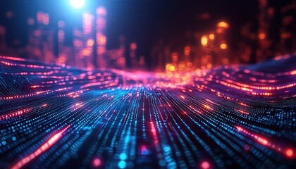 Glowing digital data streams flowing through a virtual cityscape, futuristic glowtime, tech innovation and connectivity