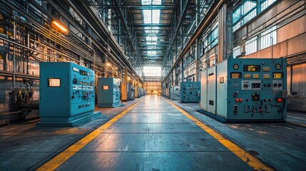 Obraz premium A spacious industrial facility featuring power control panels and a well-lit corridor, showcasing modern manufacturing technology.