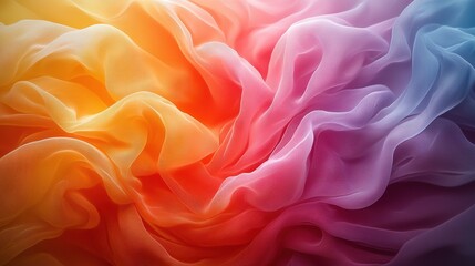 Fototapeta premium Colorful silk fabric drapes flowing gracefully in warm light with a gradient from orange to purple in an artistic display