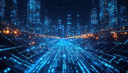 Glowing digital data streams flowing through a virtual cityscape, futuristic glowtime, tech innovation and connectivity
