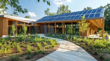 A zero-energy community center with solar panels, rain gardens for stormwater management, and interior walls made from recycled wood