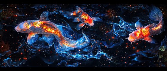 Glowing koi fish swimming in a dark pond, creating an ethereal and peaceful scene, aquatic glowtime, tranquil and beautiful
