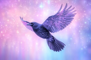 Obraz premium Cosmic Crow in Flight: A majestic, purple crow soars through a vibrant, pastel nebula, its wings shimmering with stardust. This ethereal image evokes a sense of freedom, wonder.
