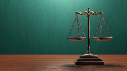 A classic brass scale symbolizes justice, equilibrium, and fairness, set against a green backdrop and wooden surface, representing the legal system.