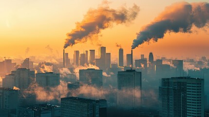 A stunning cityscape at sunset, showcasing industrial smokestacks and the impact of pollution on urban environments.