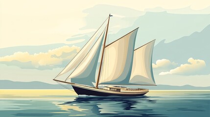 Fototapeta premium A vector illustration of a classic sailboat on the water, with detailed sails and a serene background.