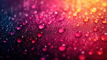 Vibrant droplets of water on a colorful surface reflecting various hues at dawn