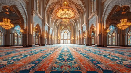 Obraz premium A stunning interior of an opulent hall featuring intricate architecture, vibrant patterns, and majestic chandeliers illuminating the space.