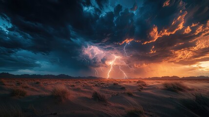 A stunning landscape capturing lightning striking in a dramatic sky filled with dark clouds and warm sunlight at dusk.