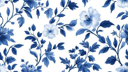 Fototapeta premium A delicate floral pattern featuring blue blossoms and green leaves against a white background, perfect for textiles or wallpaper.