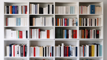 a white wooden bookcase filled with books in a public library, education, book, library, knowledge, literature, university