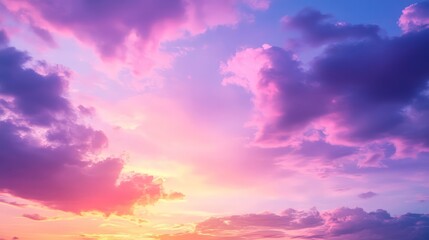 Fototapeta premium A vibrant, colorful sky during a sunset with clouds taking on hues of deep purple and bright pink.
