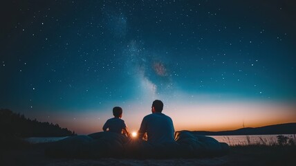 Two people sitting by the lake under a starry night sky, enjoying the serenity.