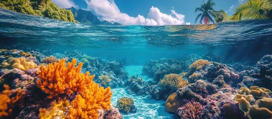 Underwater view of colorful coral reef with bright blue water and tropical island in the background.