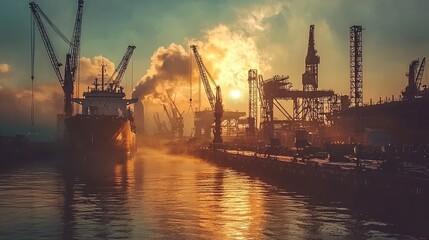 Obraz premium A stunning sunset over a busy harbor, highlighting cranes and ships against a dramatic sky and water reflections.