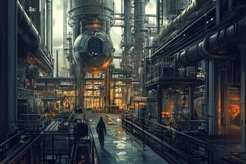 A lone figure walks through a futuristic industrial complex.