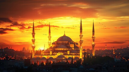 Fototapeta premium A stunning sunset view of a grand mosque, showcasing vibrant colors and majestic architecture, perfect for travel and culture themes.