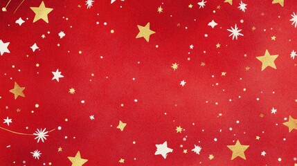 A Christmas-themed paper design with a vivid red background, scattered with gold stars, white snowflakes, and elegant ribbon patterns.